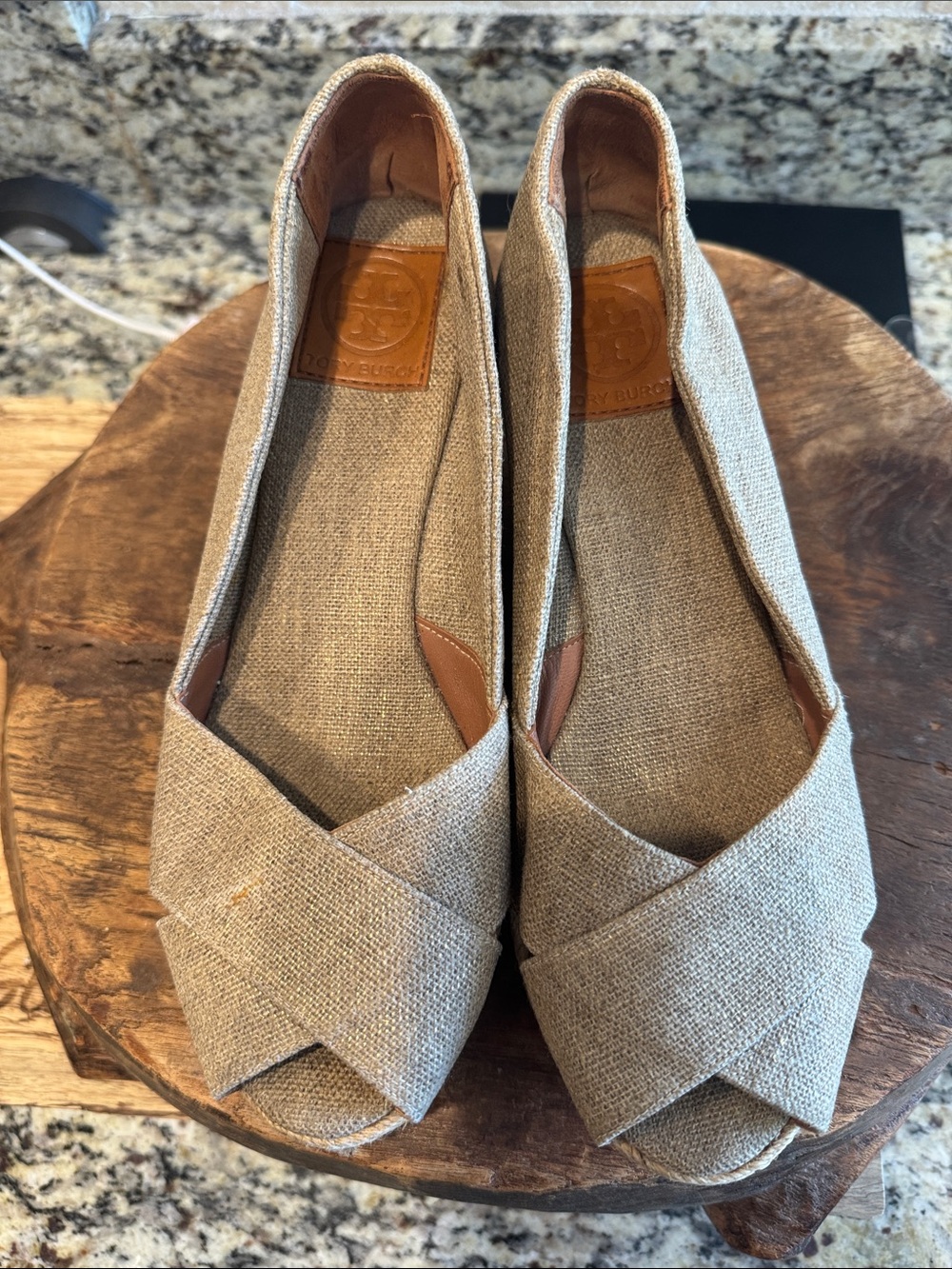 Tory Burch peep-toe linen Espadrille wedges size 9B